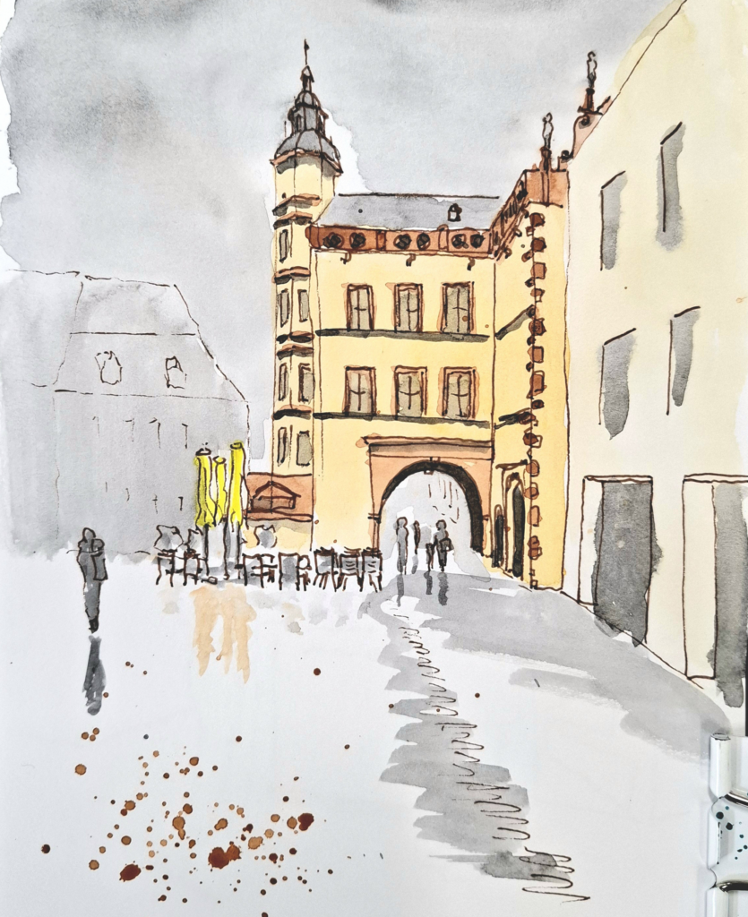 Schweinfurt Aquarell Urban Sketching Rathaus im Regen 